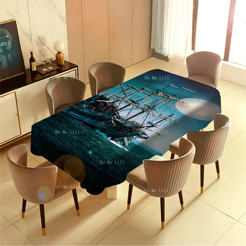 Pirate Ship Sailing High Seas Under Moonlight Antique Map Boat Follow The Pillar Of Cloud Old Sailboat Tablecloths By Ho Me Lili