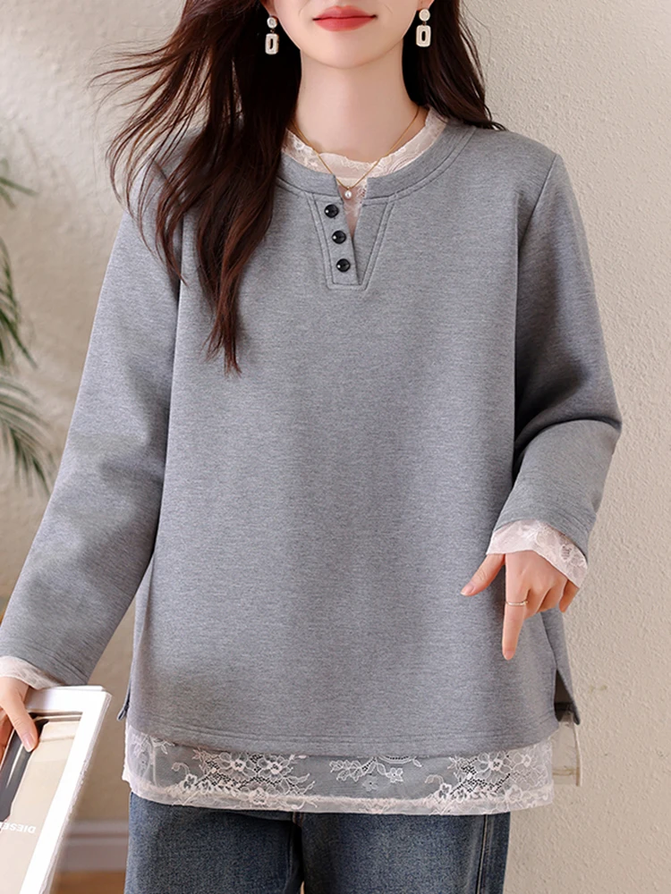 Camiseta Feminina Casual de Primavera 2026 com Efeito Emagrecedor, Renda, Manga Longa, Caimento Solto e Versátil