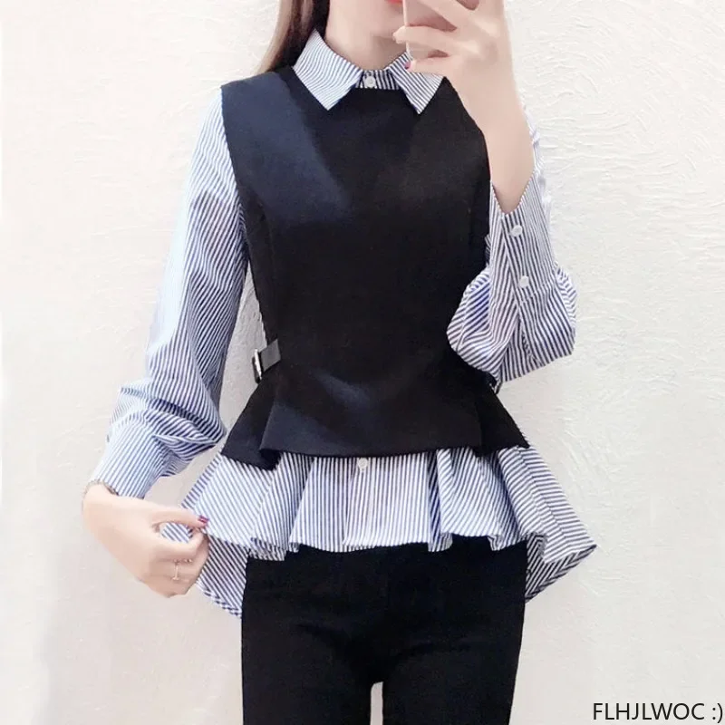 Cute Outfits New Design Chic Korea Fashion Women Long Sleeve Striped Shirts Vest Office Lady Peplum Ruffles Tops