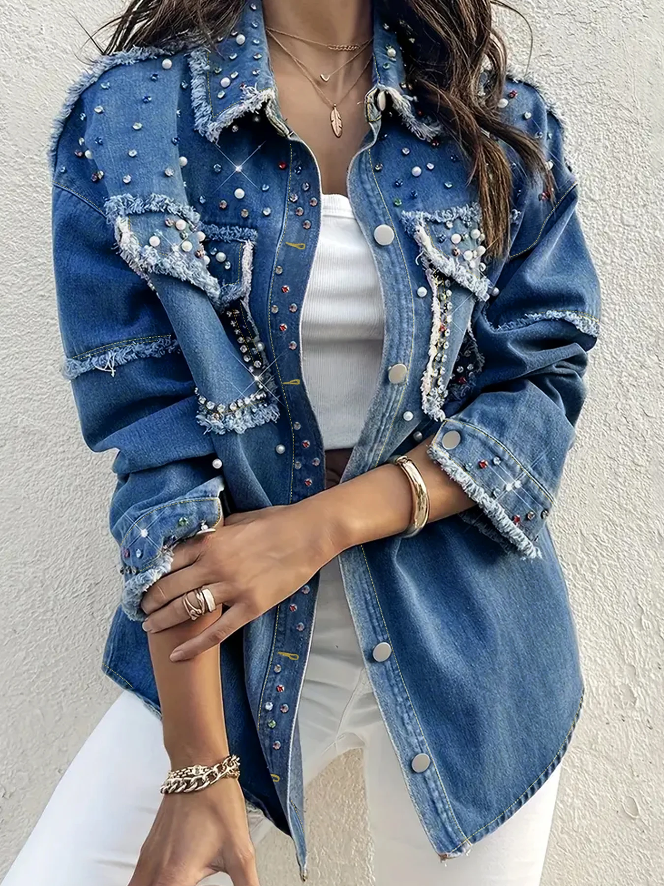 Veste en jean ample pour femme, grande taille, avec strass et perles, décontractée, délavée, grande taille
