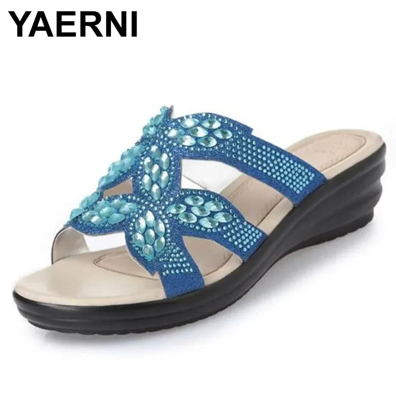 

YAERNI new fashion rhinestone women summer shoes slippers sandals genuine leather non-slip sandals women shoes sandals