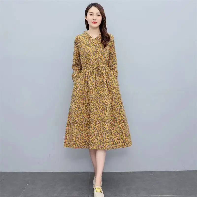 2025 New Spring Summer Women Long Sleeve V-Neck Midi Dresses Ruffles Drawstring Floral Print Party Dress Women Clothes