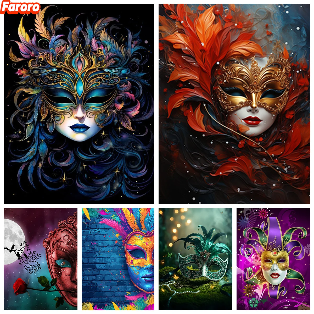 

Colorful Feather Mask 5D Diamond Painting Kit Party Mask Mural DIY Gem Embroidery Modern Style Home Decor Hand Gift