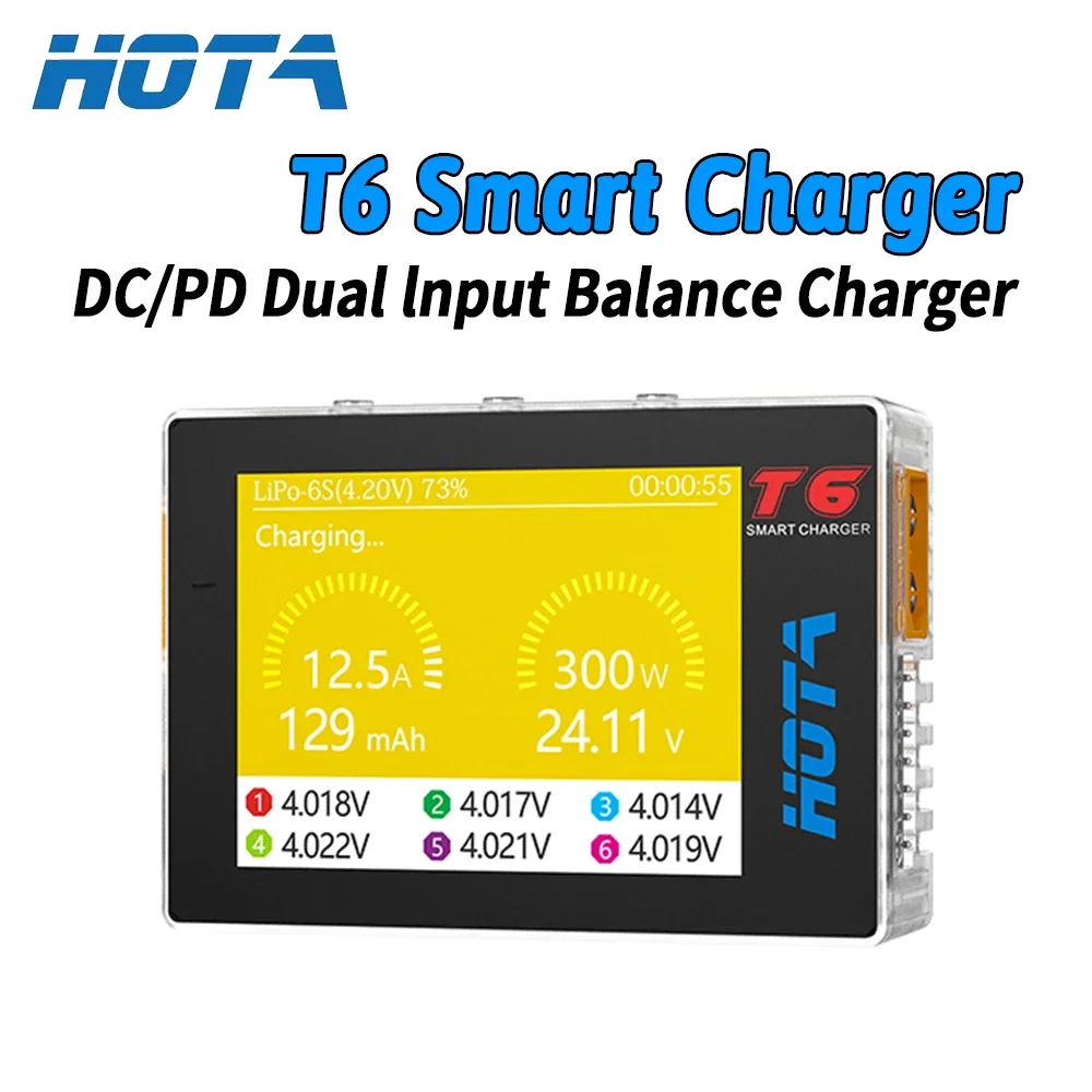 HOTA T6 LiPo Battery 1~6S Smart Balance Charger DC300W PD90W Dual Channel Intelligent Charger for RC Model Car Accessories