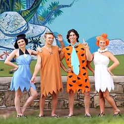 Women's The Flintstones Wilma Costume with Wig Headdress & Cotton Ball Necklace Halloween Caveman Cosplay Costumes for Party