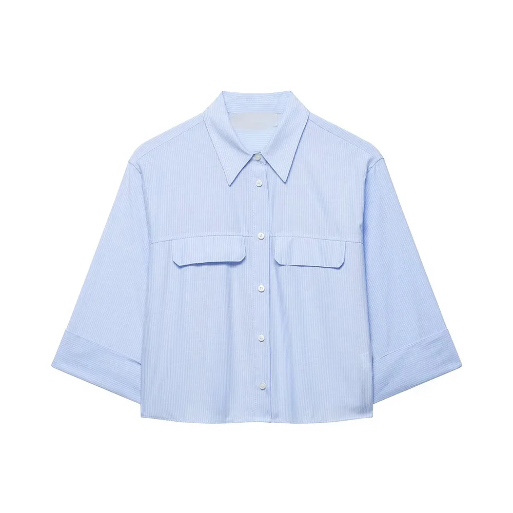 

Женская летняя рубашка 2026: Новинка, модная полосатая модель с потайными пуговицами, ретро-стиль, длинный рукав, универсальная повседневная блузка, шикарный топ