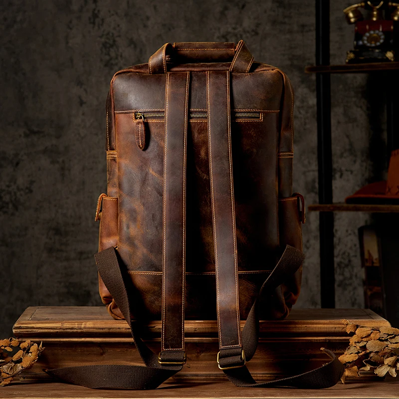 Handmade Cowhide Leather Backpack Vintage Genuine Leather Large Capacity Satchels School Bag Business Office Laptop Knapsack Bag