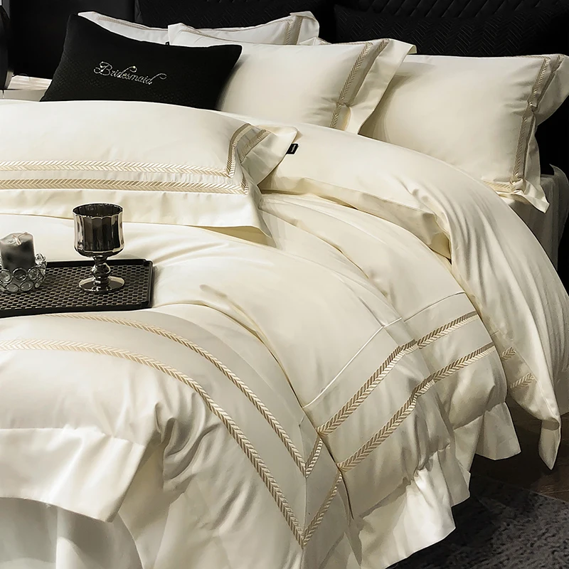 

100% Cotton Luxury Embroidery Solid Color Hotel Style Bedding Set Queen King Duvet Cover Flat/Fitted Bed Sheet Pillowcases 4Pcs