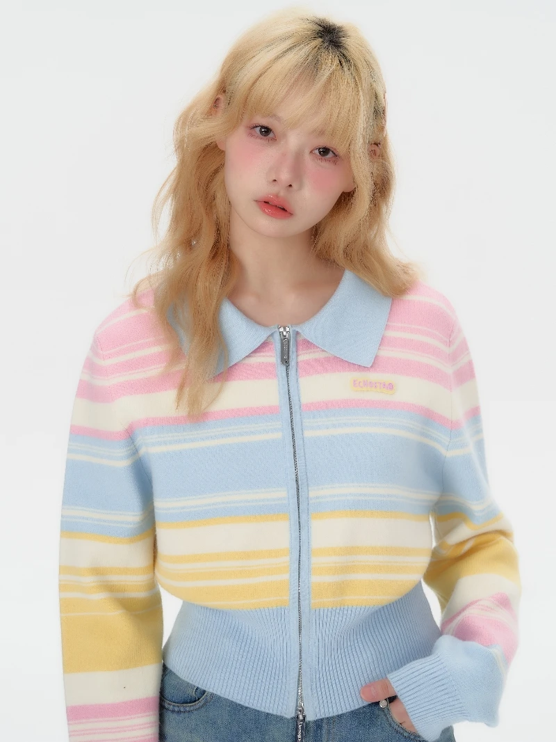 

Rainbow Striped Knitted Sweater Coat Women Cardigans Top 2024 Autumn Long Sleeve Zip Knitwear Y2K Feamle Clothing N166