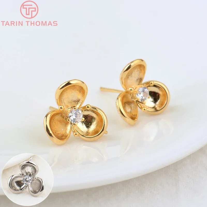 

(2641)6PCS 14MM Hole 1.5MM 24K Gold Color Brass with Zircon Flower Stud Earrings High Quality DIY Jewelry Making Findings