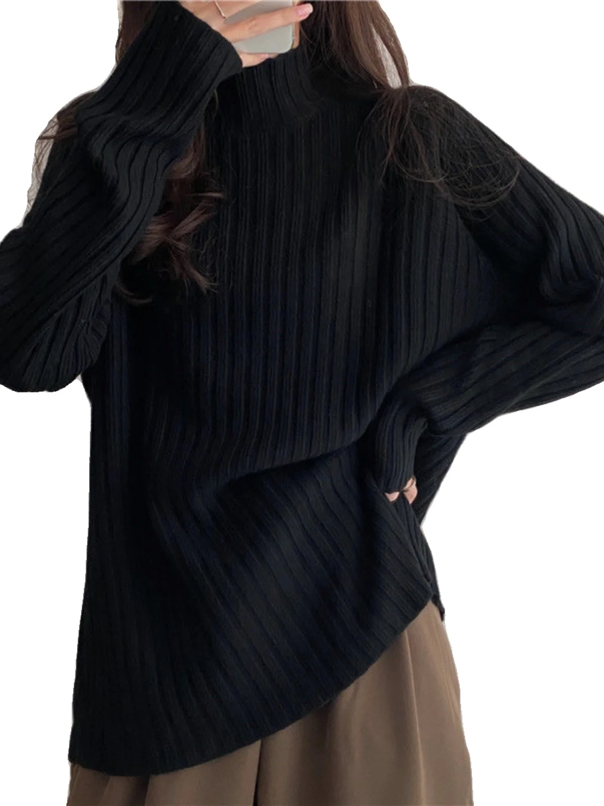 فضفاض محبوك أعلى f عالية طوق بسيط Sle Boting سترة الخريف الشتاء جديد وصول البطن تغطي الكاميرا الدافئة الناعمة