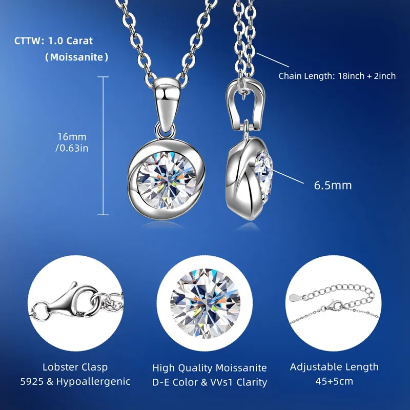 IOGOU سوليتير الماس 6.5 مللي متر 1CT D مويسانيتي روزبود قلادة قلادة للنساء ريال 925 فضة مجوهرات هدية عيد ميلاد