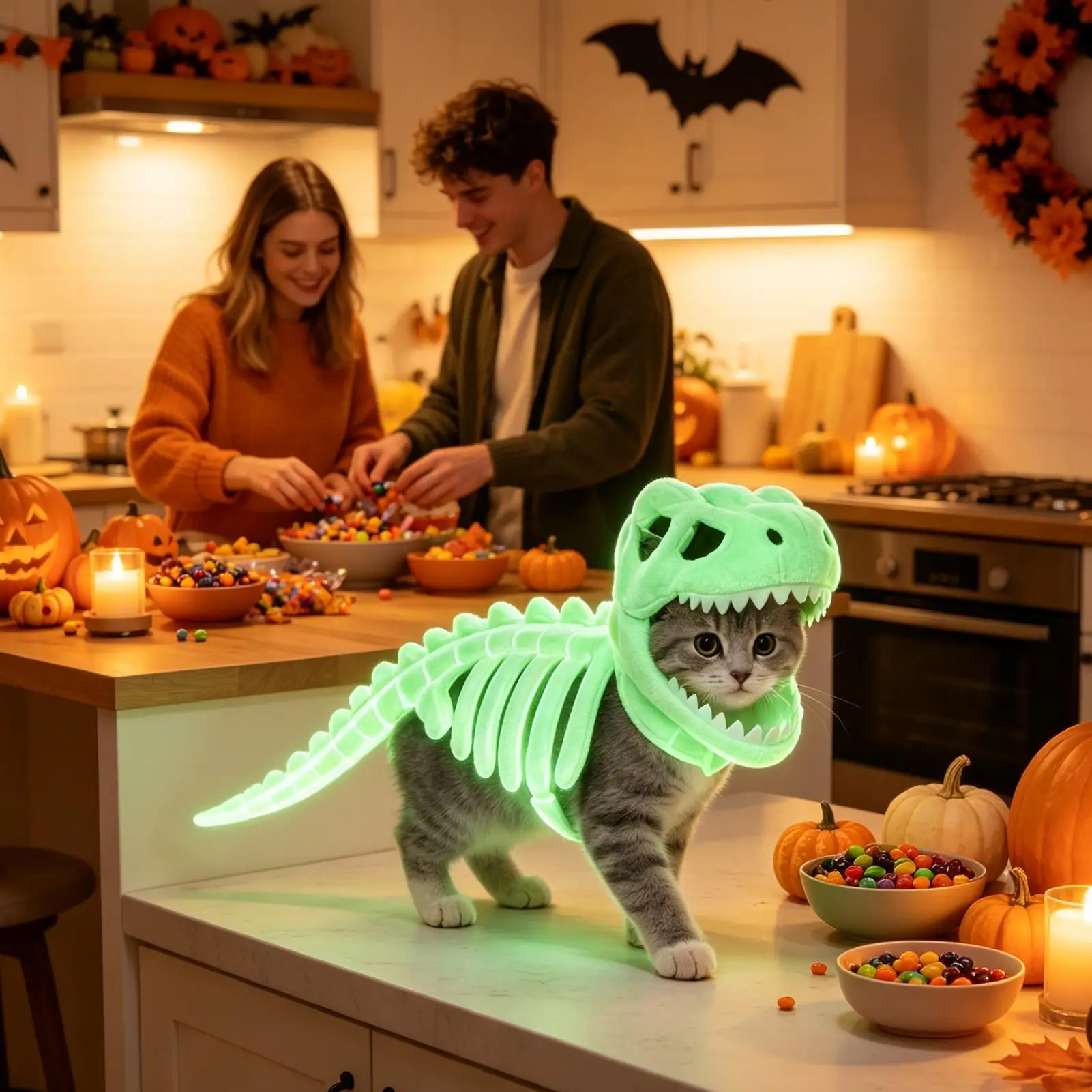 Cute Glow In Dark Dinosaur Skeleton Pet Costume Soft Plush Dinosaur Cats Halloween Role Play Outfit For Cats And Small Dog