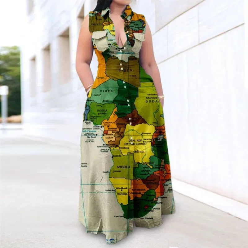 Printed Map Shirts Long Dress Sleeveless Lapel Big Size African Dresses For Women Casual Maxi Ankara Robes Slim Waist Summer 5XL