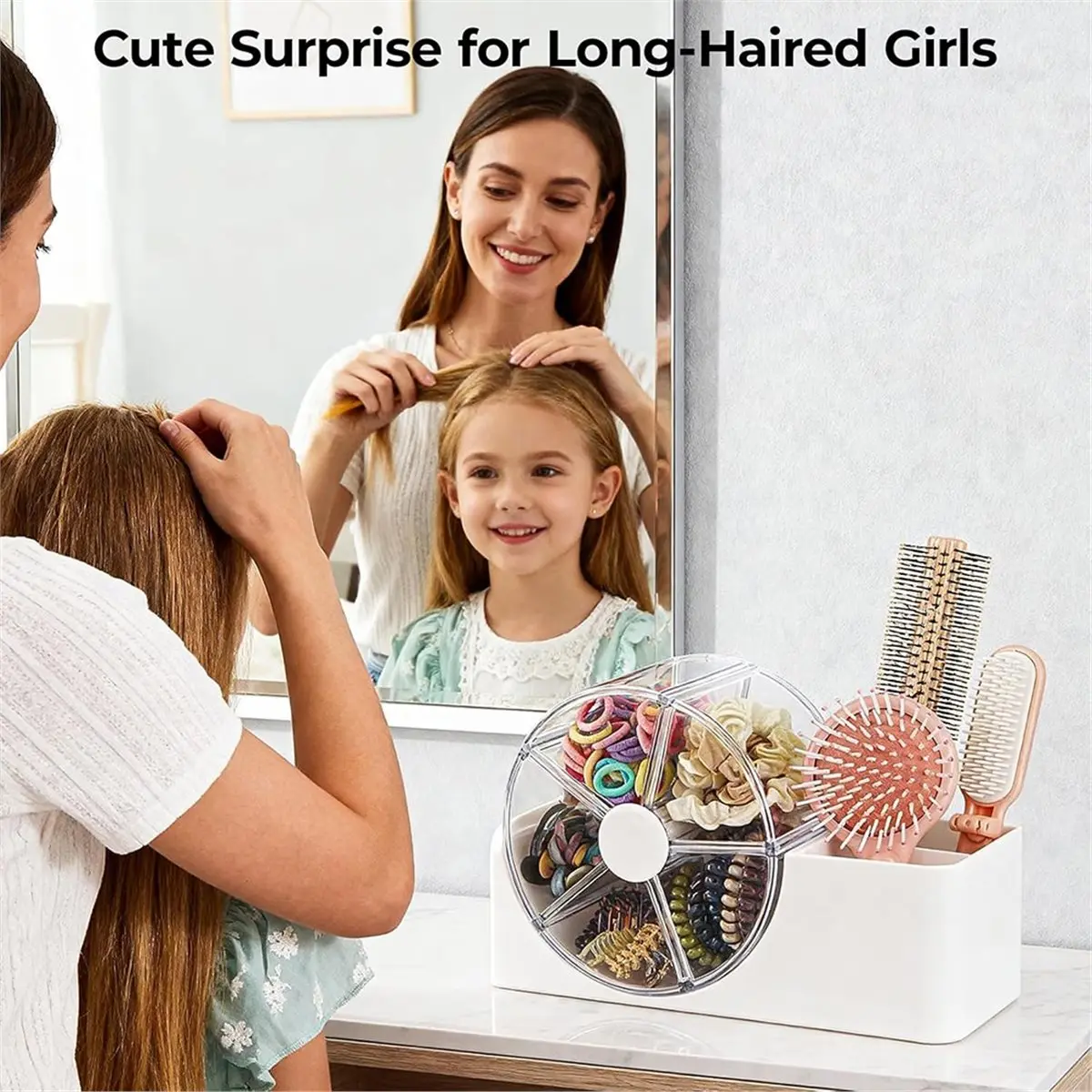 Workshop Gear Hair Accessories Organizer for Girls, 2-Slot Hair Brush Holder & 5-Section Rotating Wheel, Cute Makeup Brush Holde