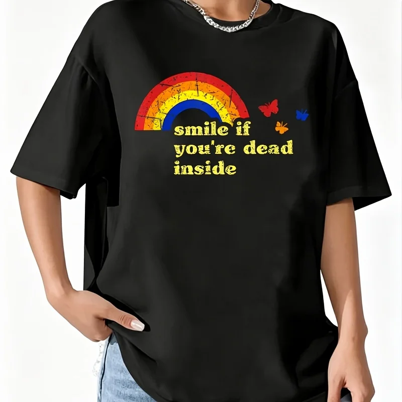 Smile if You'Re Dead Inside Rainbow Lt Vintage Women's 100% Cotton T-Shirt Fun Print Short Sleeve Top Casual Round Neck Tee S-5Xl