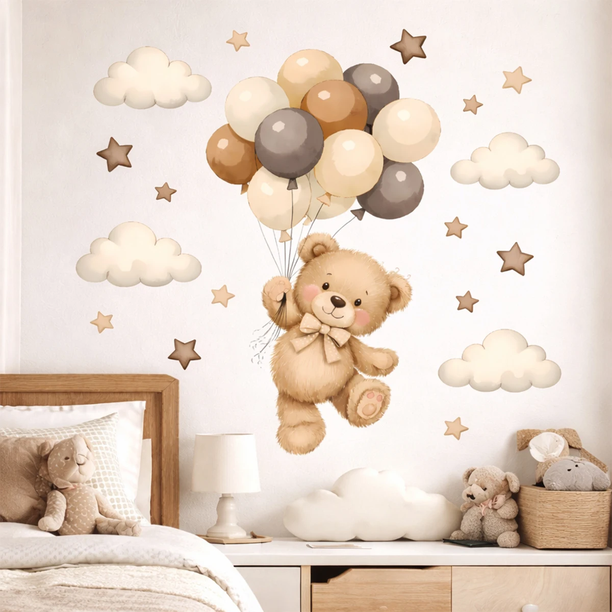 Adorable Teddy Bear Balloons Stars Clouds Wall Sticker Nursery Child Room Art Vinyl Decal Kids Room Bedroom Living Home Decor