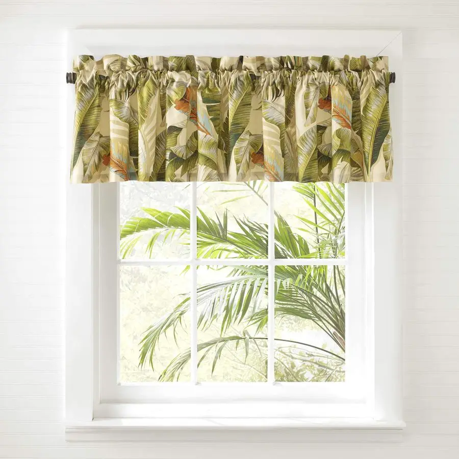 

Valance, Cotton Window Treatment, Coastal Design with Coral Accents Palmiers Green, 72 x 15