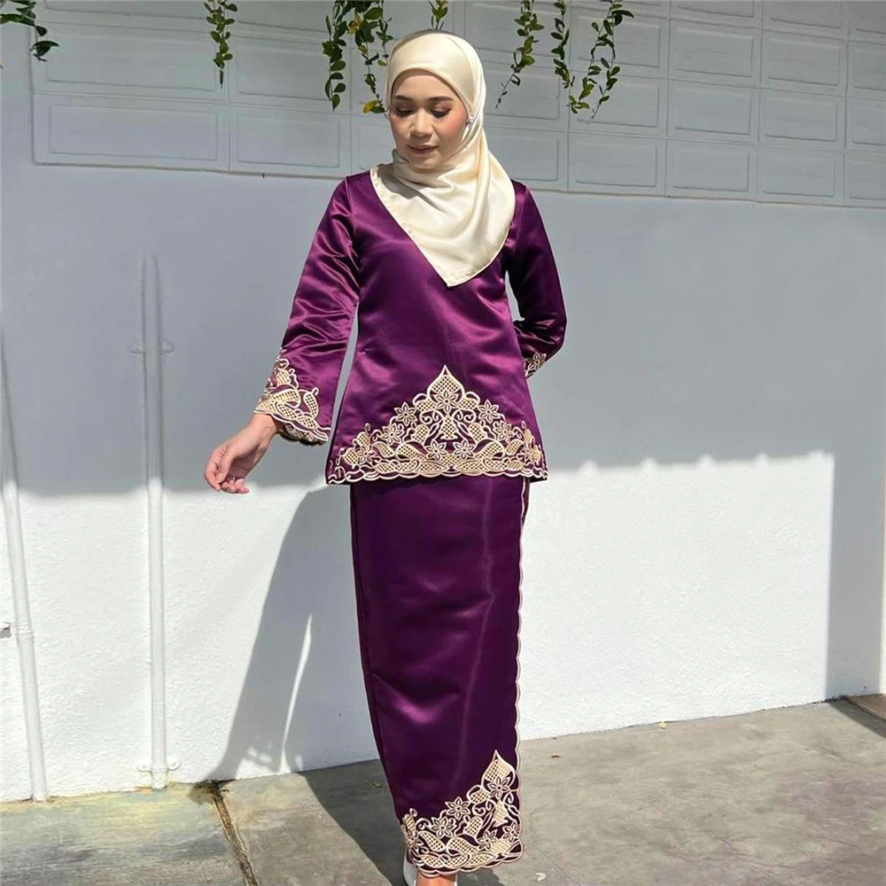 Turkey Ramadan Muslim Set Women Fashion Satin Long Sleeve Tops Skirts Blouse Embroidery Baju Kurung Vintage Casual Elegant Suit