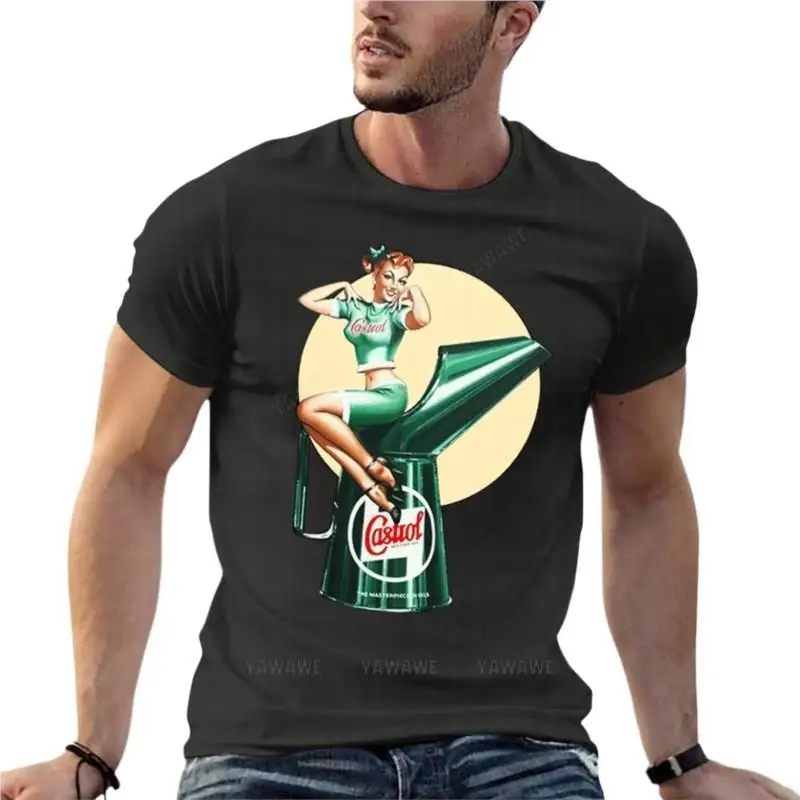 Pin Up Castrol Motor Oil Funny Oversize Tshirt Harajuku Men'S Clothing 100% Cotton Streetwear Large Size Top Tee