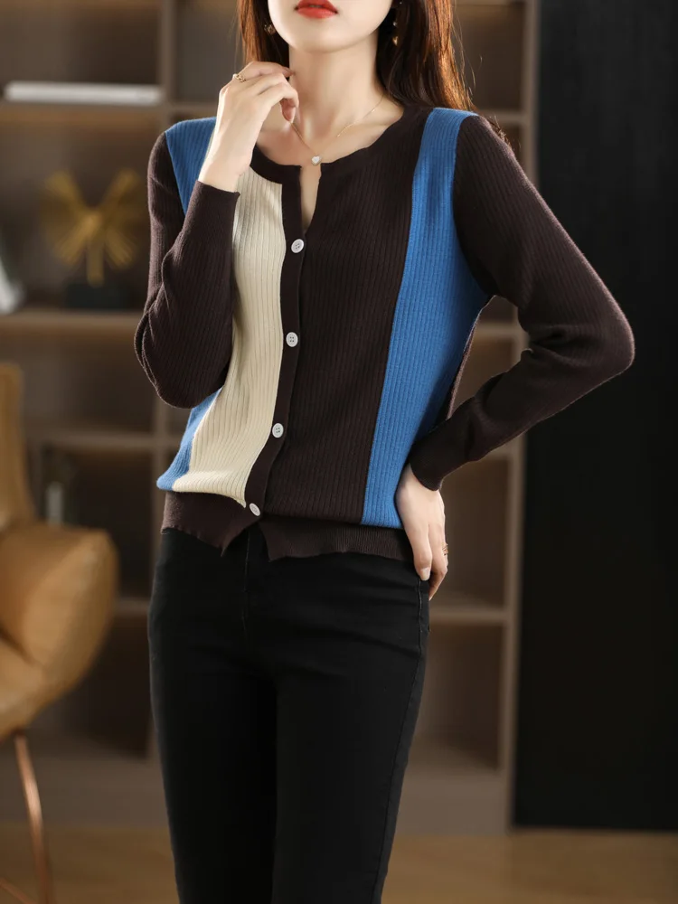 

Spring New Women's Round Neck Contrasting Wool Knit Sweater Fashionable Cardigan Unique Design For Women's Clothing