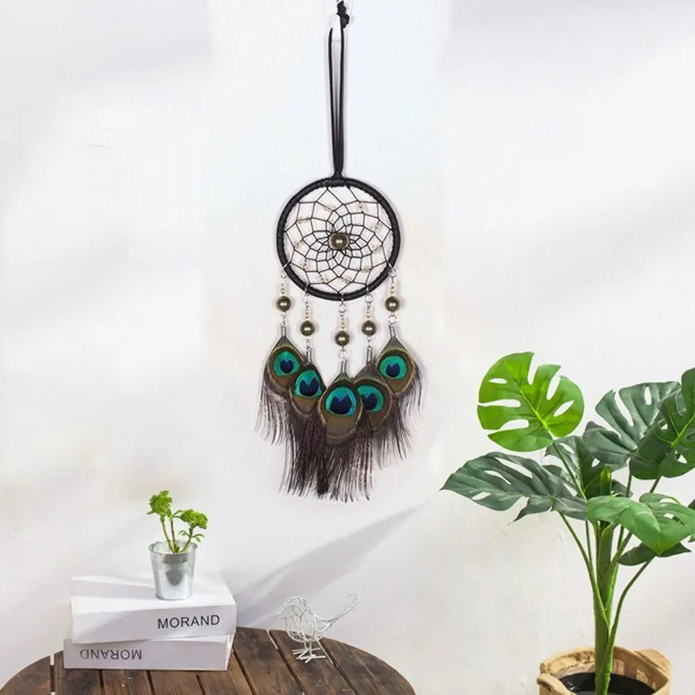 Retro Beautiful Peacock Feather Hand-woven Colorful Outdoor Decor Wind Chime Car Hanging Pendant Ornament Dreamcatcher