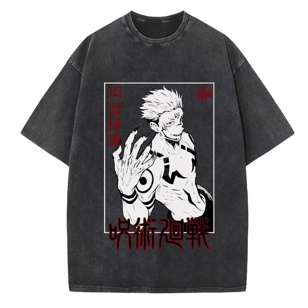 Jujutsu Kaisen Herren T-Shirt Gewaschen Sommer O-Ausschnitt Kurzarm T-Shirts Damen T-Shirts Vintage Übergroße Gym Kleidung Harajuku Top
