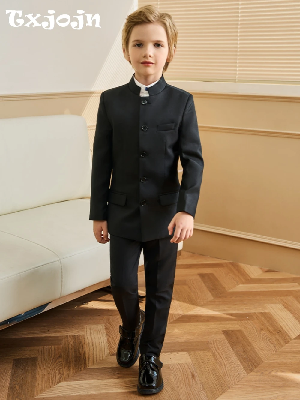 

Formal Black Kids Stand-up Collar Suit Set 3 Pieces Jacket Shirt Pants School Choir Performance Stylish Boys Tuxedo Banquet Wear