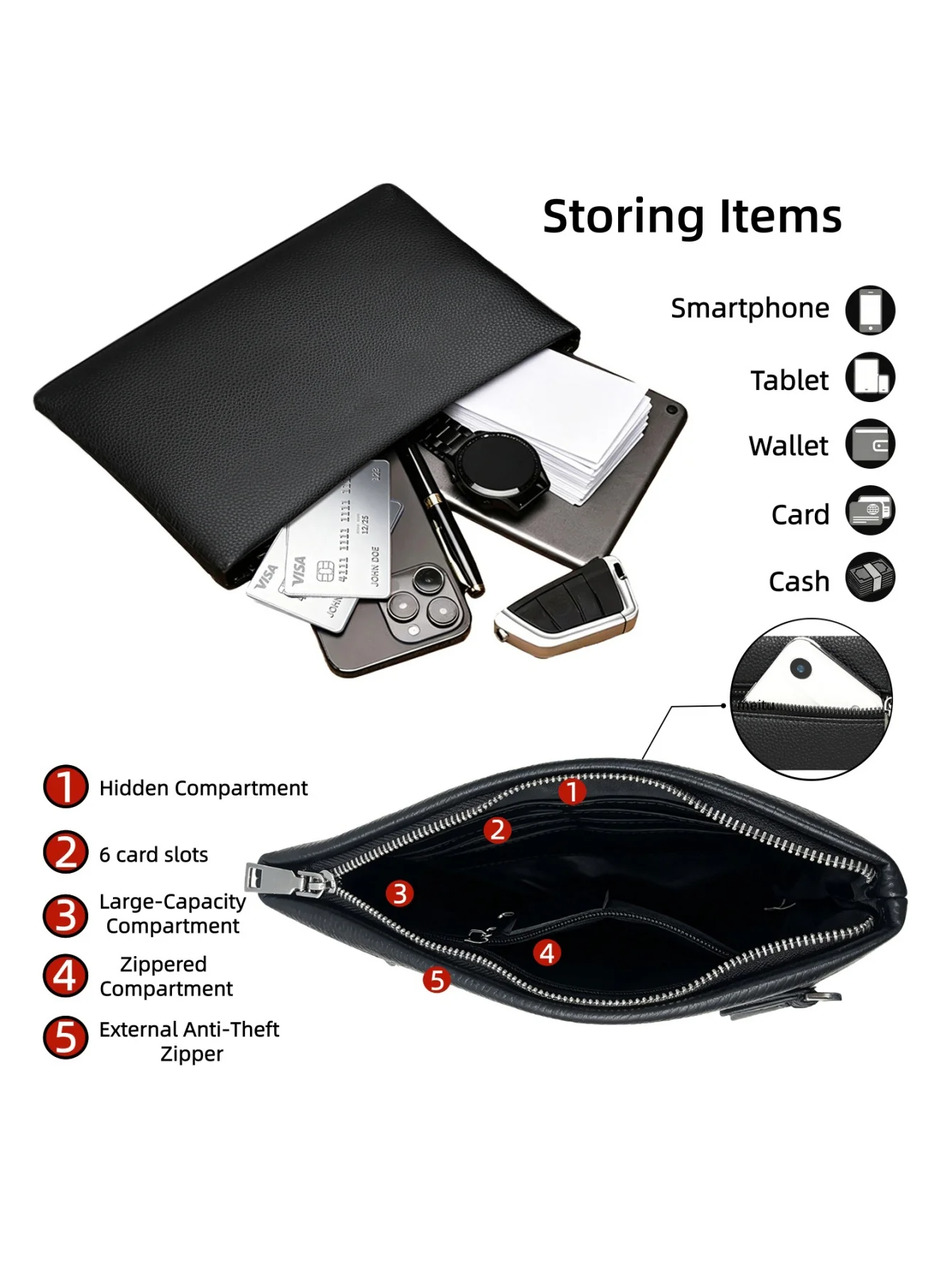 Herren-Clutch aus genarbtem Echtleder, große Handtasche mit Diebstahlschutz-Reißverschluss und 6 Kartenfächern – Detail 3
