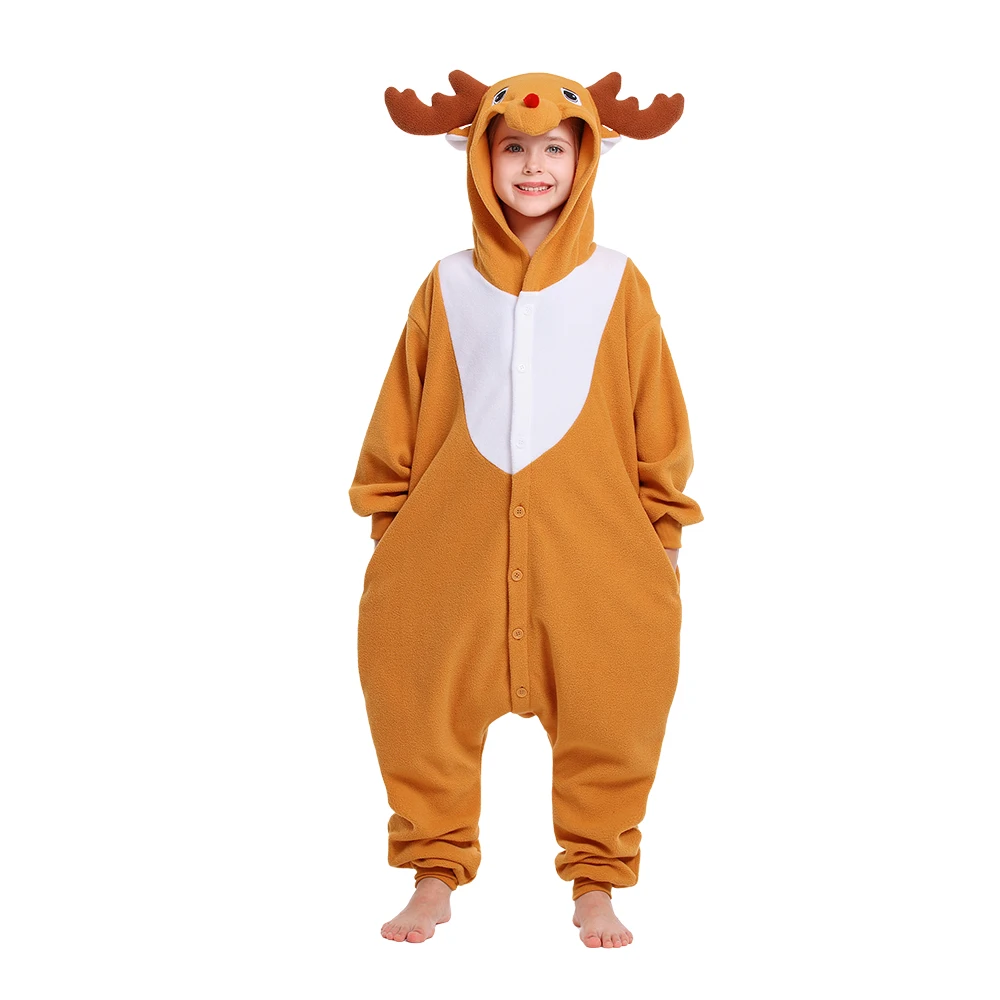 Kids Reindeer One Piece Pajamas Unisex Winter Soft Onesie Sleepwear Halloween Christmas Animal Cosplay Costume Funny Pyjamas