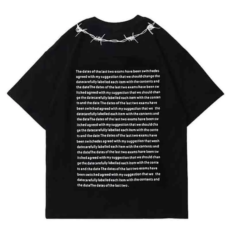 Summer Cotton Thorns Embroidery Letter Short Sleeve O Neck Men T Shirts Loose Hip Hop Punk 2xl Oversized Streetwear Black White