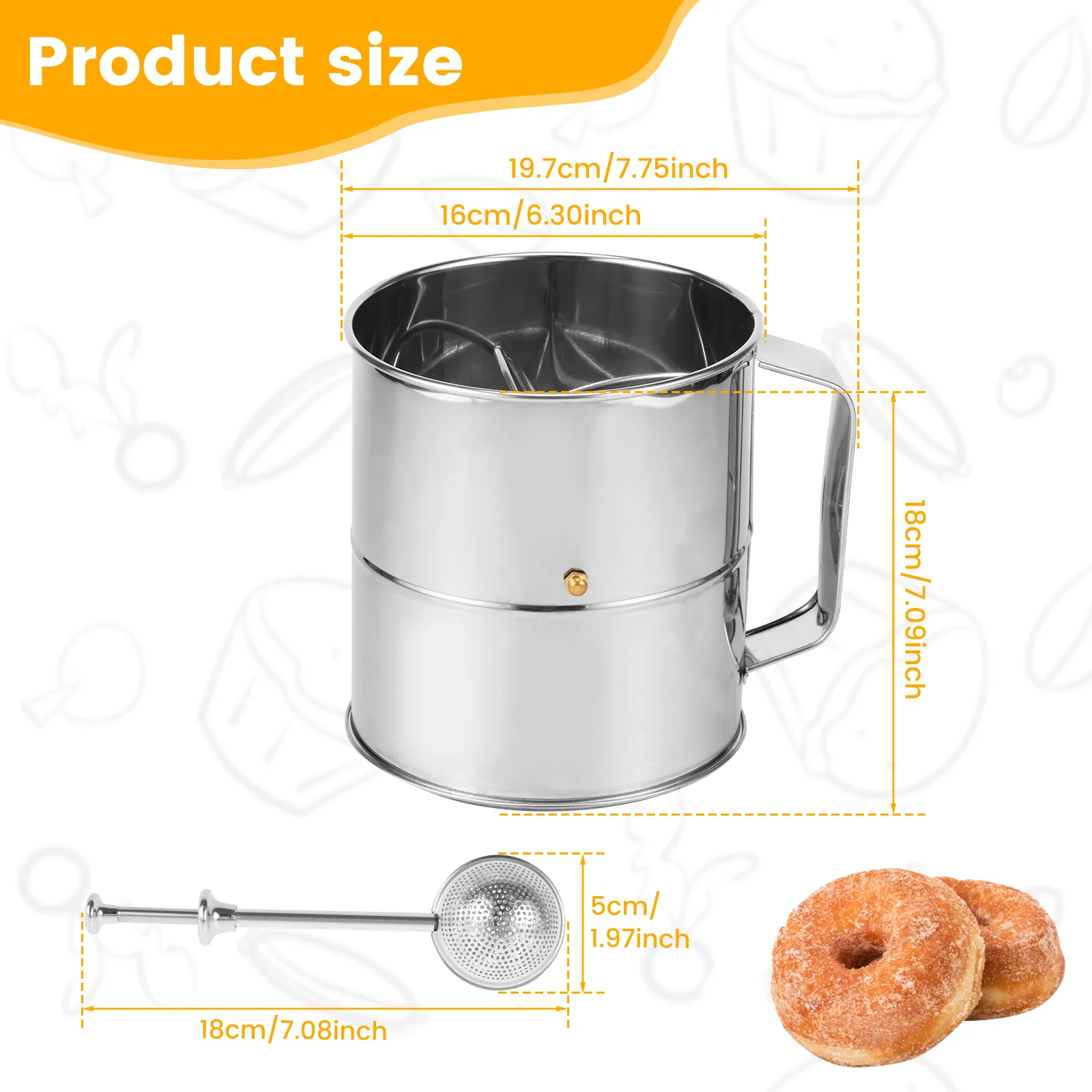 Flour Sifter 5/8 Cup Stainless Steel Fine Mesh Flour Sieve Rotary Hand Crank Flour Sifter Shaker with Powdered Sugar Baking Flou