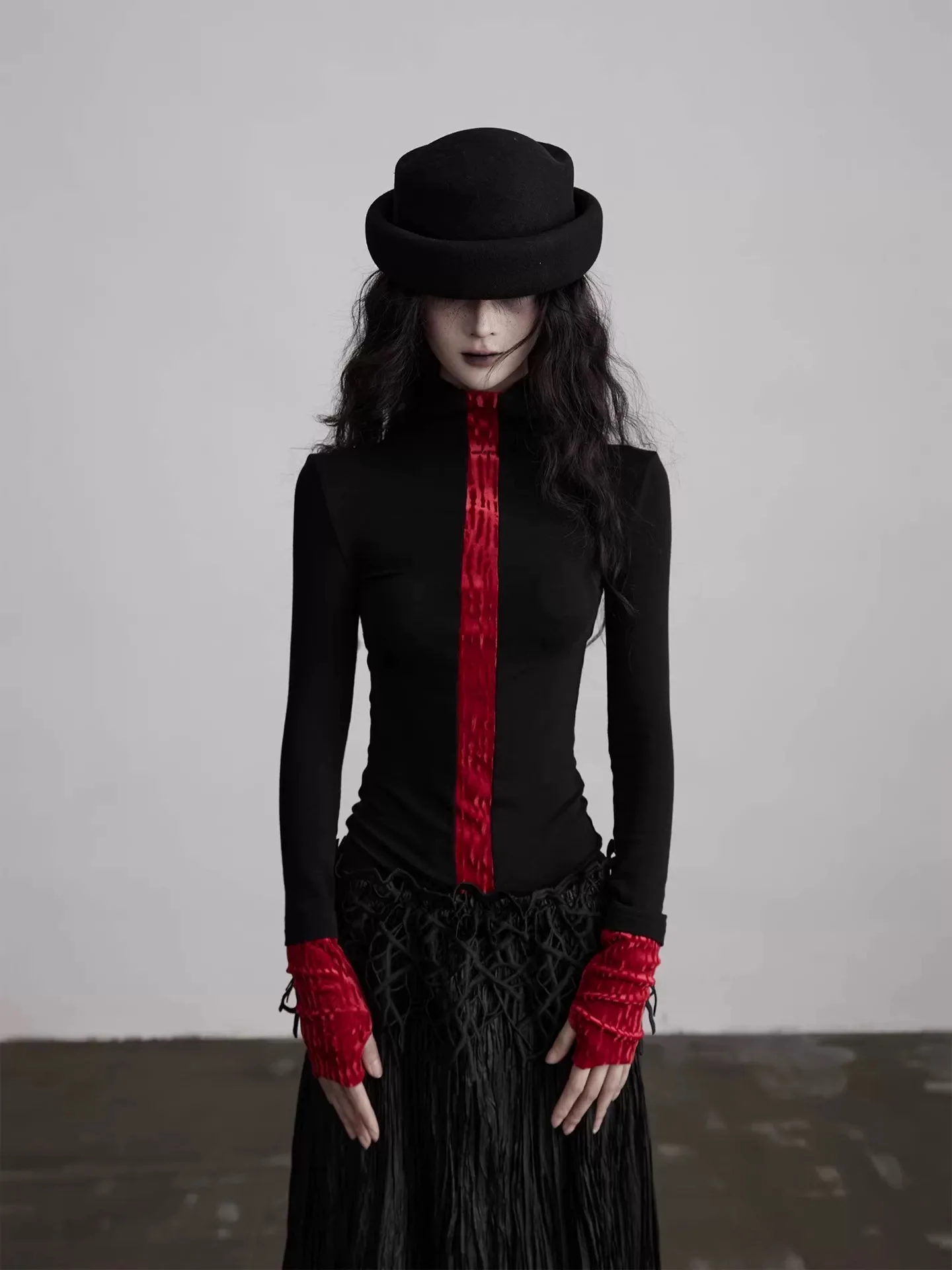 

Female Hotsweet Dark Punk Gothic Tops Tees T Shirts Women Halloween Festival Holiday Nightclub Pullovers Black High Neck Tops