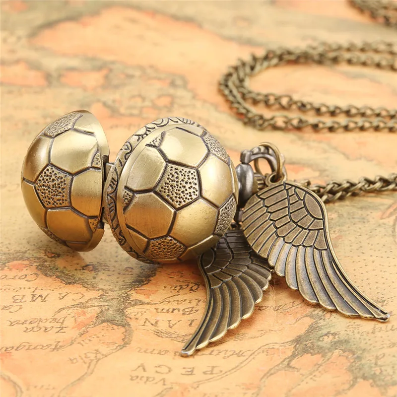 Steampunk Mini Size Football Design Pocket Watch with Wings Men Women Quartz Clock Pendant Necklace Chain Timepiece Gift