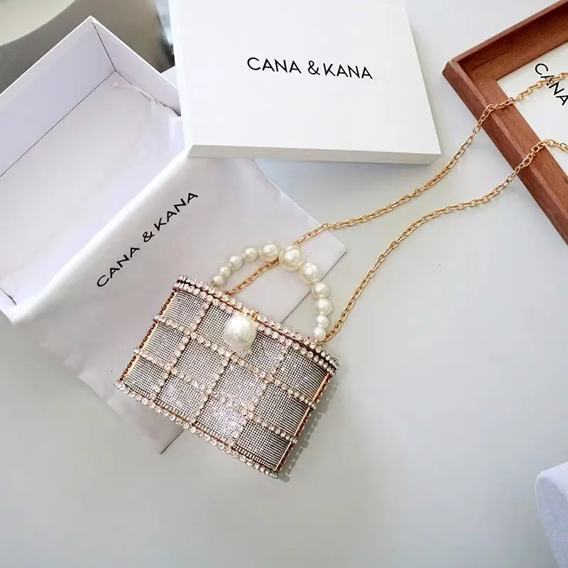 Luxury Metal Cage Pearl Beading Women\'s  Handbag Shiny Rhinestones Diamond Evening Bag Wedding Party Clutch Purse Crossbody Bag