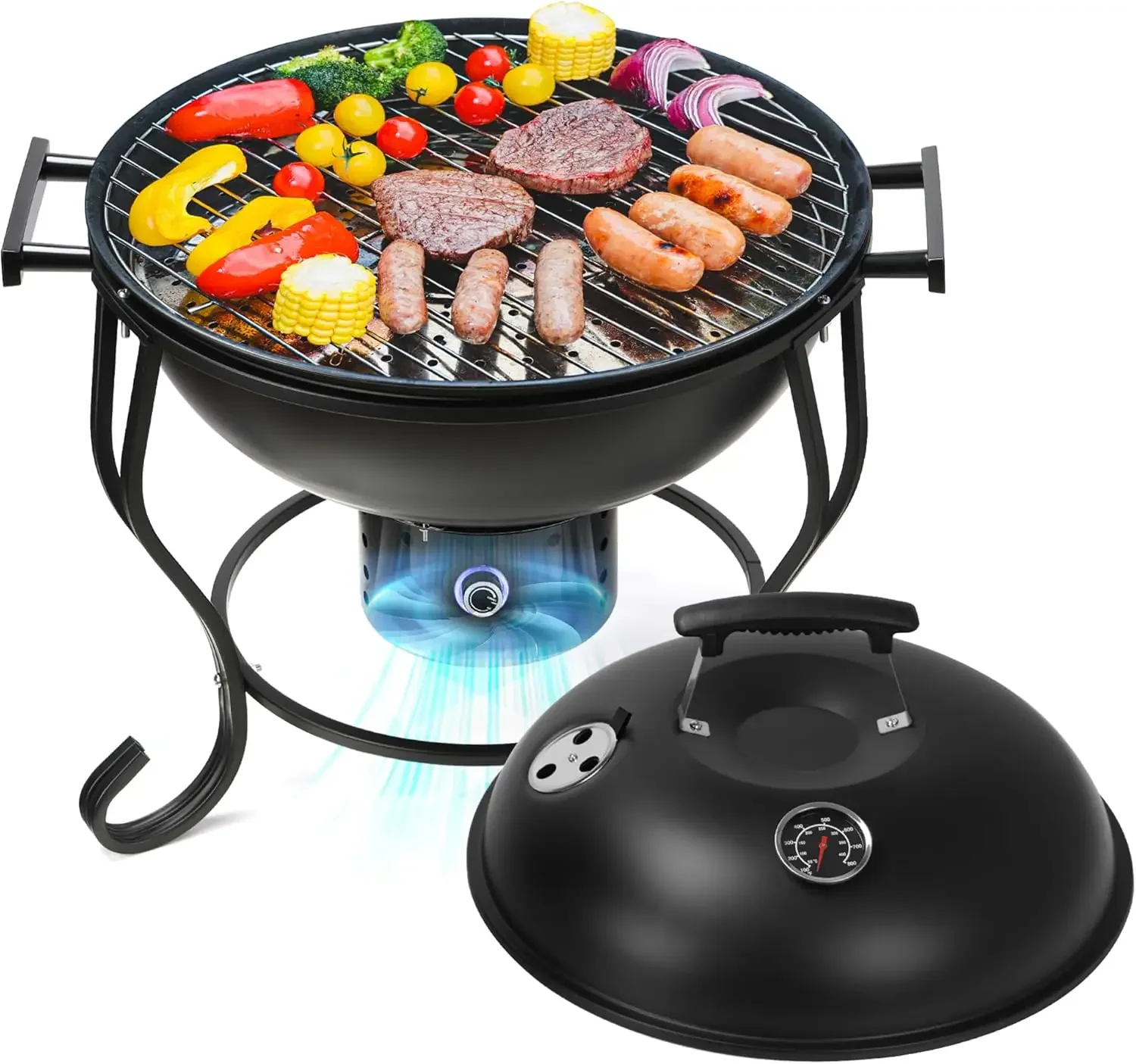 Charcoal Grill with Adjustable Fan, 18 Inch Small Outdoor BBQ Fire Pit Grill, Easy to Light Charcoal/Wood, Round Kettle