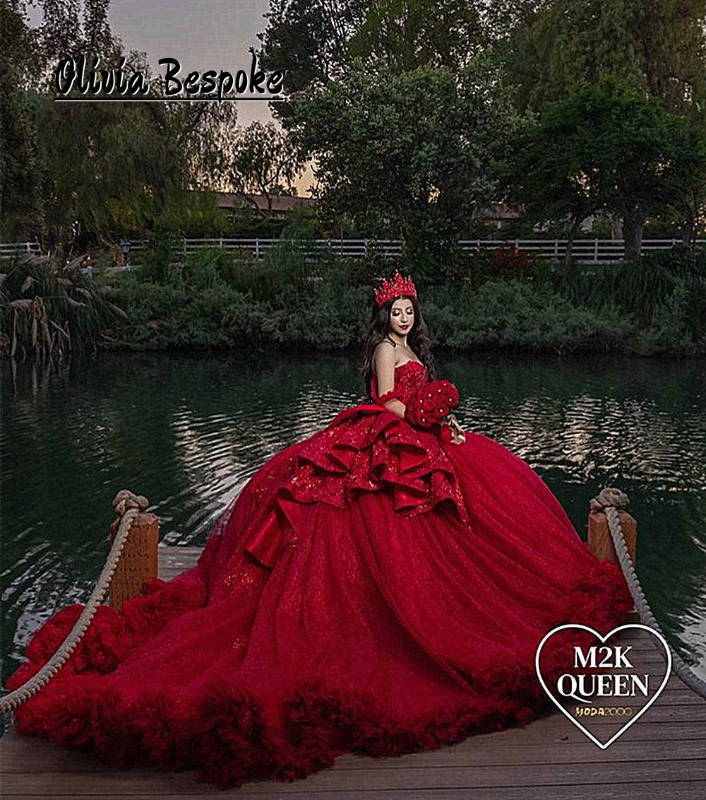 Vestidos de quinceañera con volantes y lazo rojo, Apliques de encaje con cuentas, vestido de baile de tren fruncido de tul, vestido de fiesta de boda mexicano