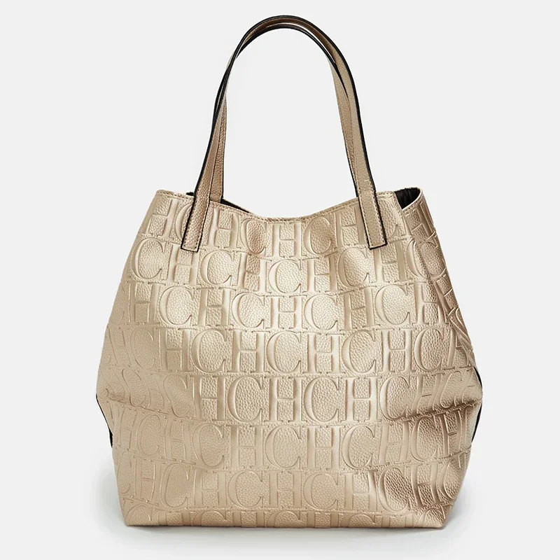 

Кожаная сумка-тоут CH для женщин с тисненым монограммным узором, большая вместительная сумка через плечо, модная повседневная сумка для работы, учебы и шопинга