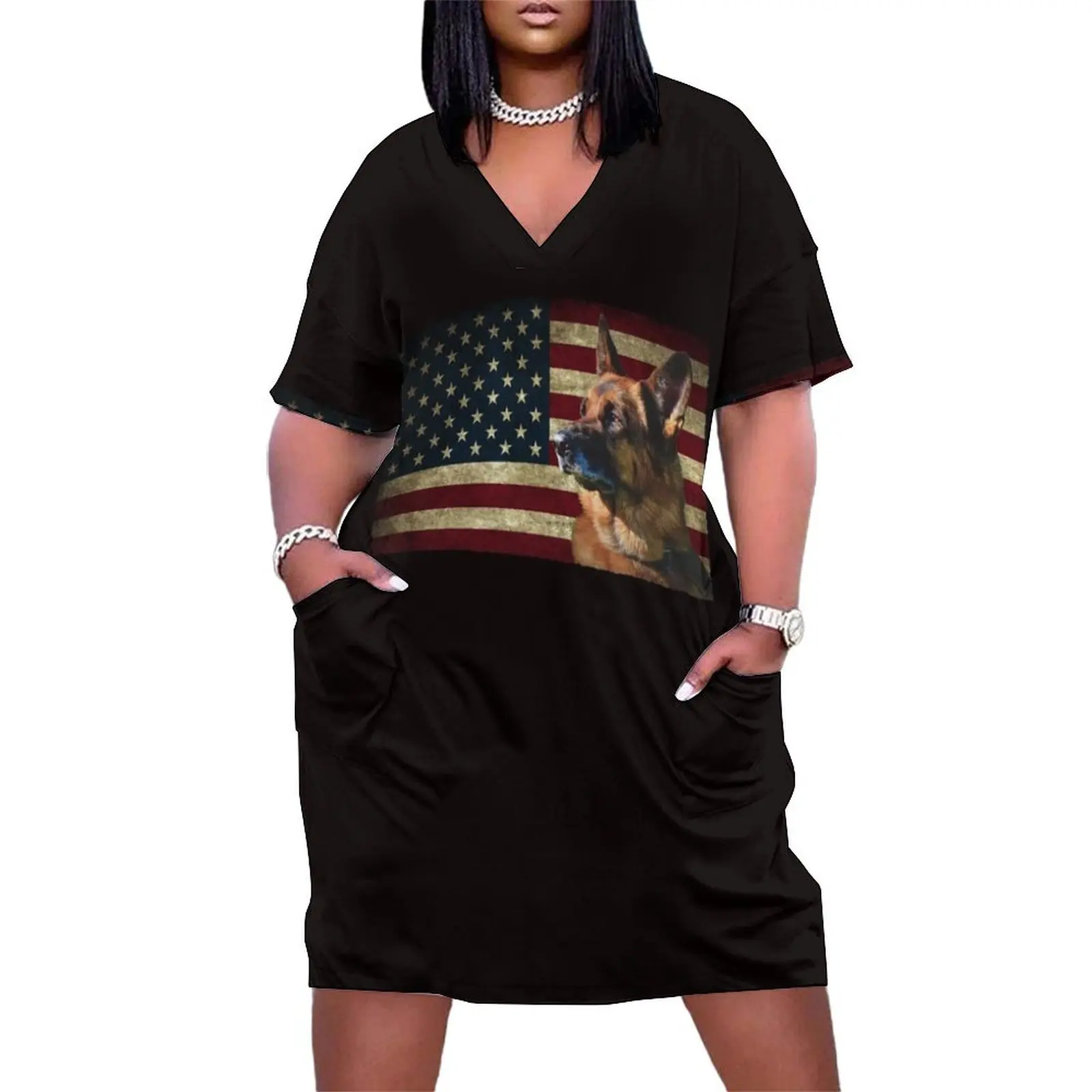 German Shepherd face American Flag lover 4th of July gift GS dog dad GSD Dog mom Loose Pocket Dress wedding guest dress 2025