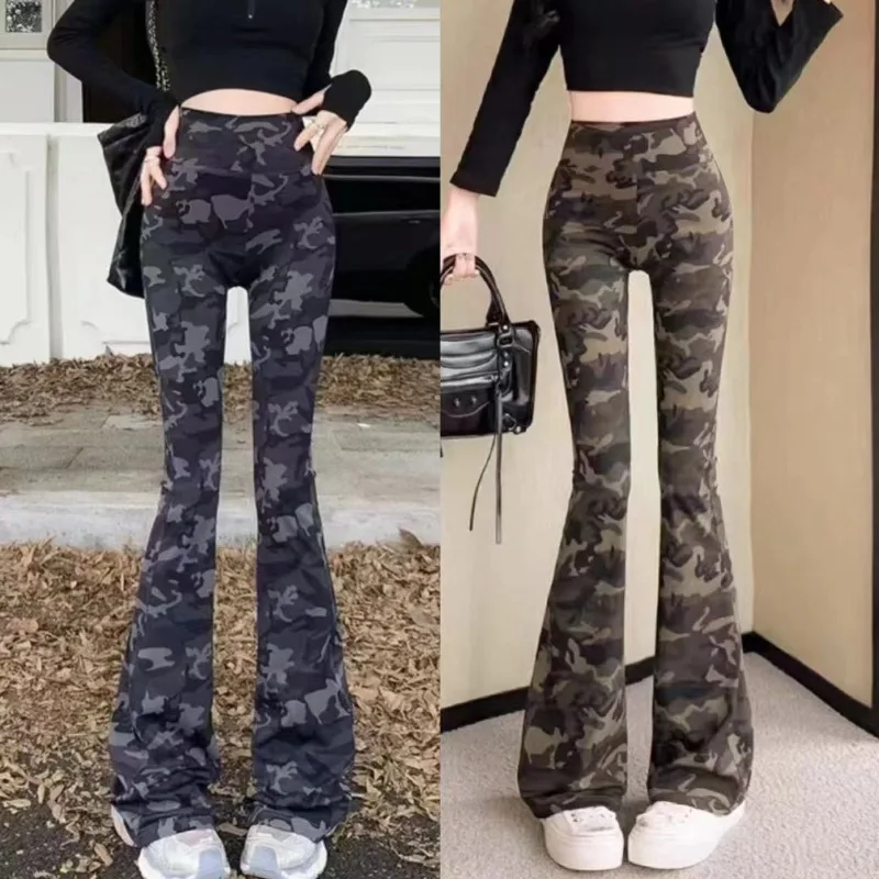 

Women Fashion Camo Flared Pants Spring Summer Shark Pants High Waist Skinny Leggings Commuting and Leisure Butt Liftting Pants