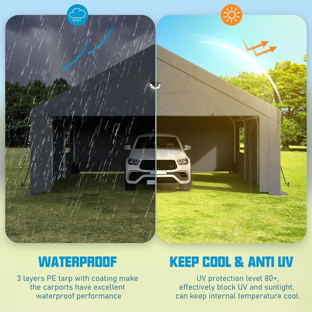 Baldacchino per carport 20x20, porta per auto resistente, garage portatile per porte per auto con 2 porte avvolgibili con cerniera passante, grigio