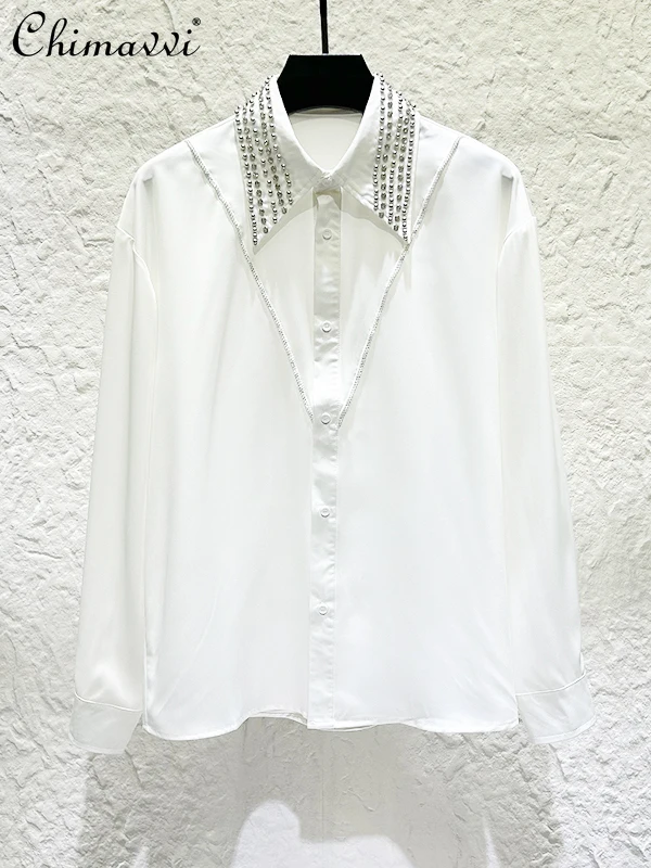 Personalized Heavy Rhinestone Studded Collar Long Sleeve Shirt Spring Autumn New Fashion Light Luxury Handsome Men Casual Shirt