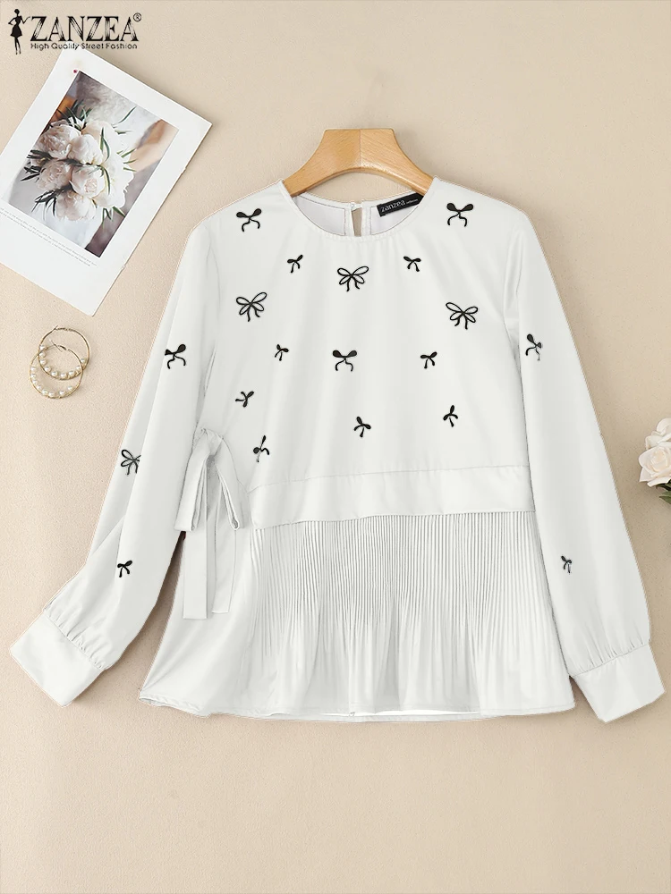 

ZANZEA Hijabis женские блузки мусульманские скромные с круглым вырезом с длинным рукавом и бантом с принтом в стиле пэчворк плиссированный подол Blusas Mujer исламские свободные топы