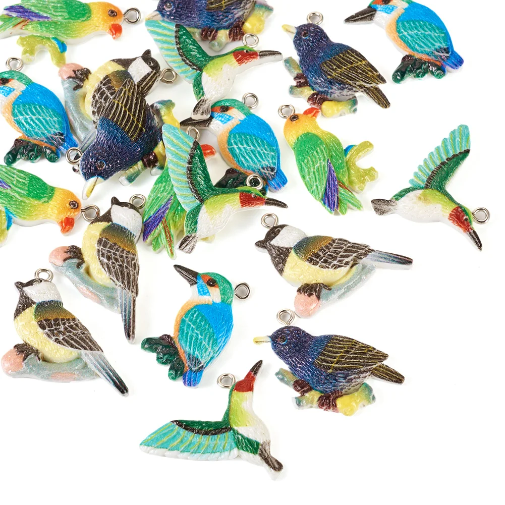 20pcs Bird Resin Pendant Parrot Sparrow Magpie Mix Styles Charms with Loops for Dangle Earrings Necklace DIY Jewelry Making