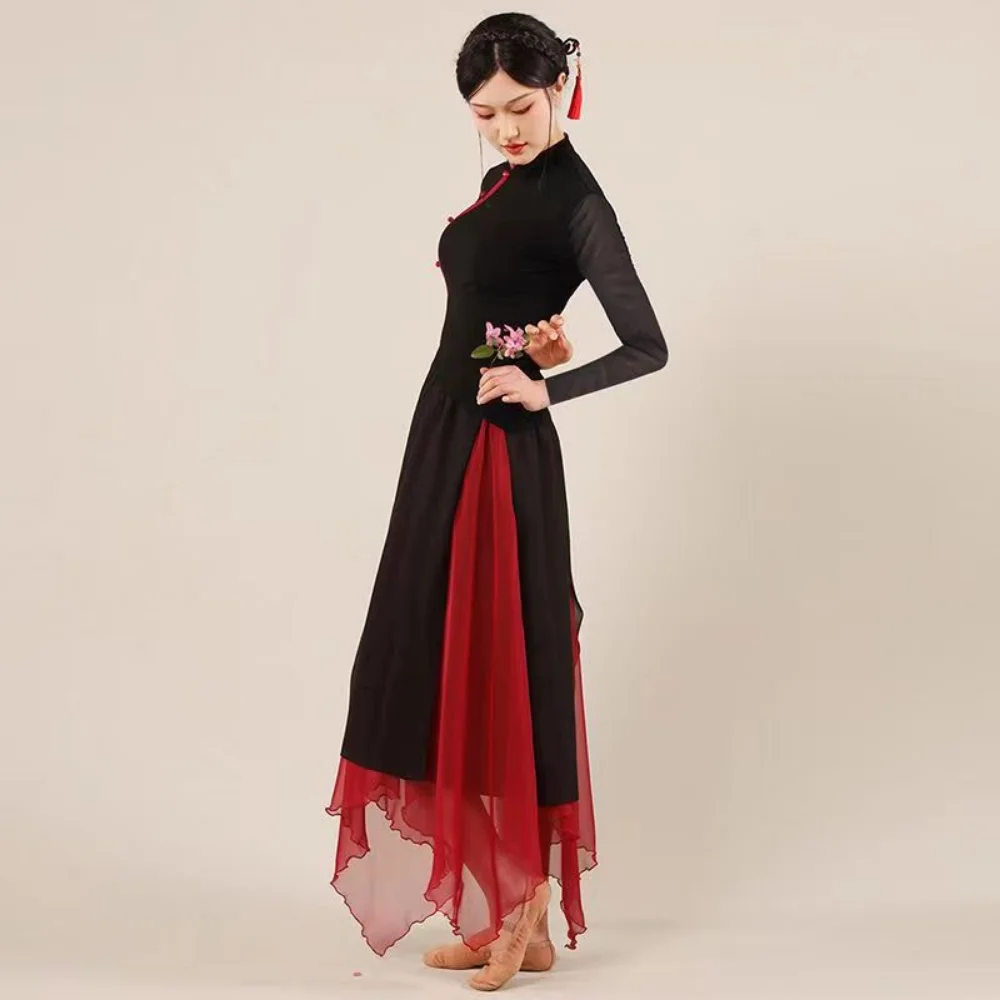 Fashion Women Chinese Folk Dance Costumes Stage Performance Clothes Mid-Length Sleeve Split Dress Chinese Dance Costumes