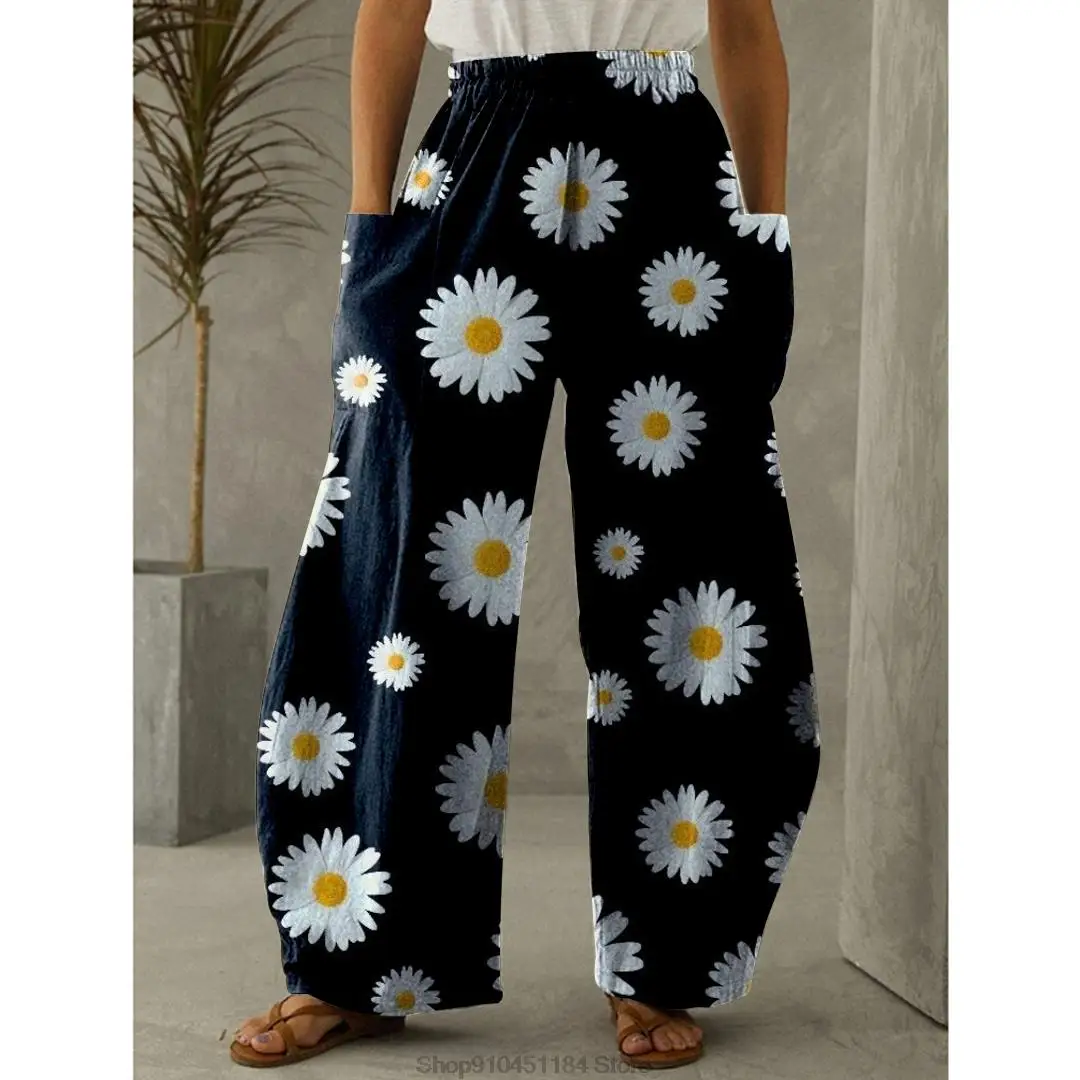 

New 3D printed flower pattern loose women's wide leg pants elegant sunflower print pants elastic waist side pocket summer spring