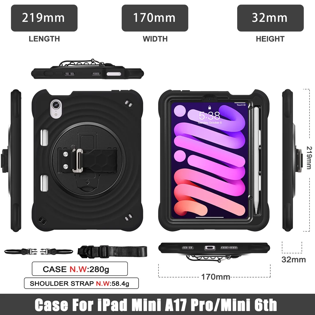 Fit iPad Mini 7 Case (A17 Pro 2024), Heavy Duty Shockproof Case for iPad Mini 6th/7th stand/Hand Strap/Carrying Shoulder Strap