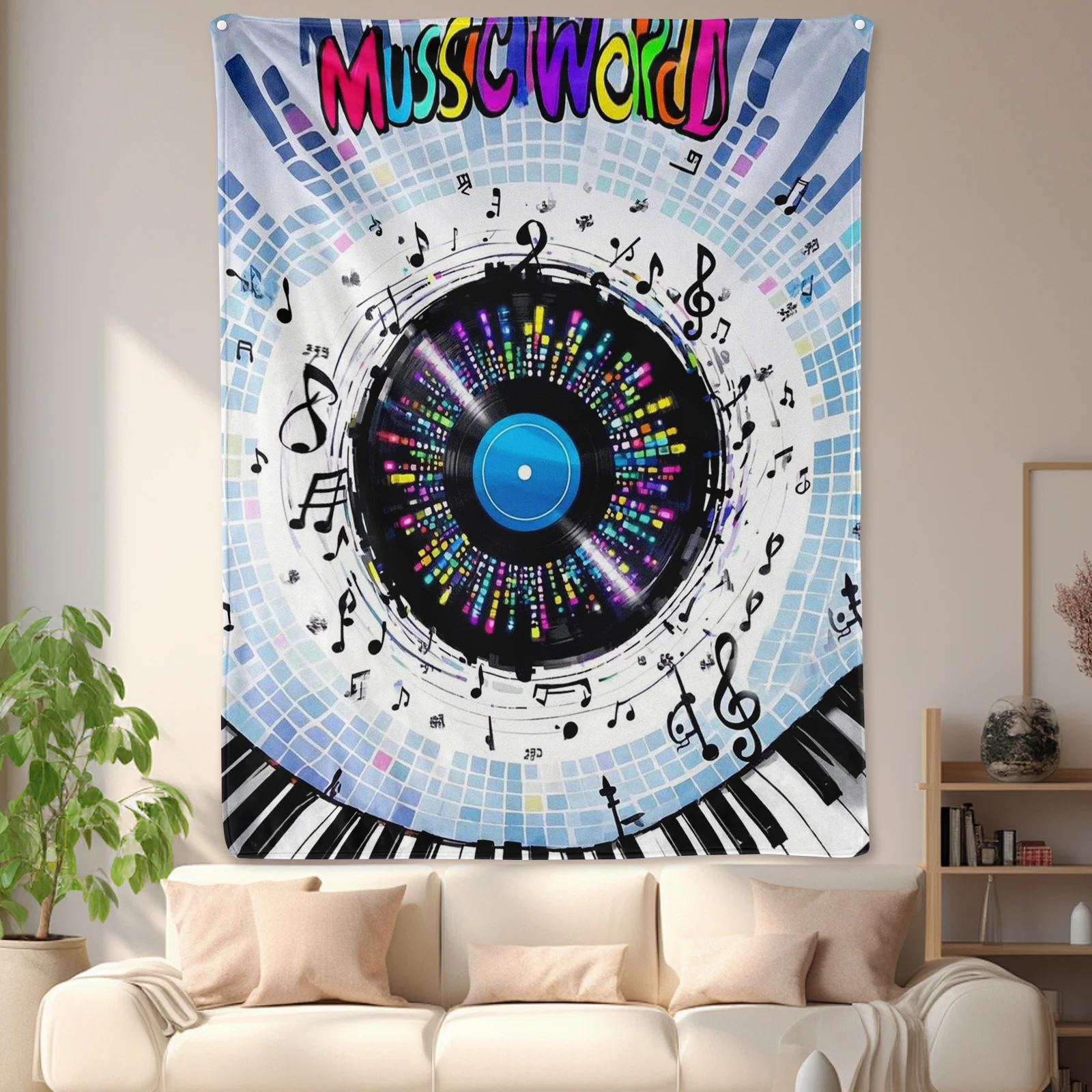 Coperta in vinile per pianoforte con design di note musicali e tessuto circostante per l'arredamento della camera elegante e armonioso in stile estetico
