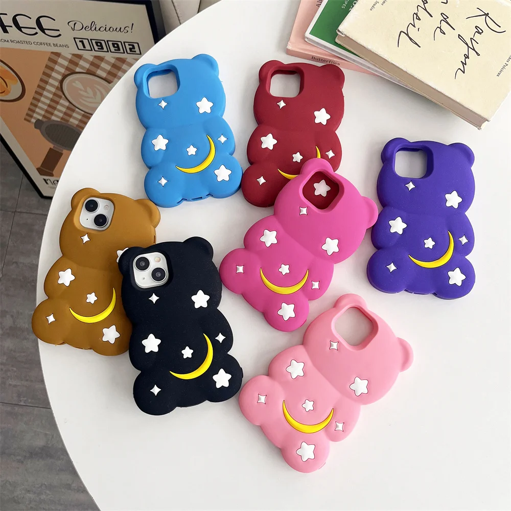 Cartoon 3D Moon Bear Stereoscopic Phone Case Y2K Anti Fall Soft Silicone Case For iPhone 15 Pro Max 14 13 12 Pro Max