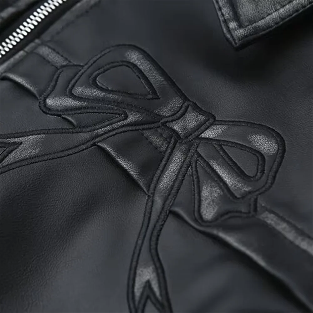 2024ZAR * Spring/Summer New Women\'s Fashion Loose and Versatile Wash and Return Craft Sweet Cool Bow Black Leather Coat